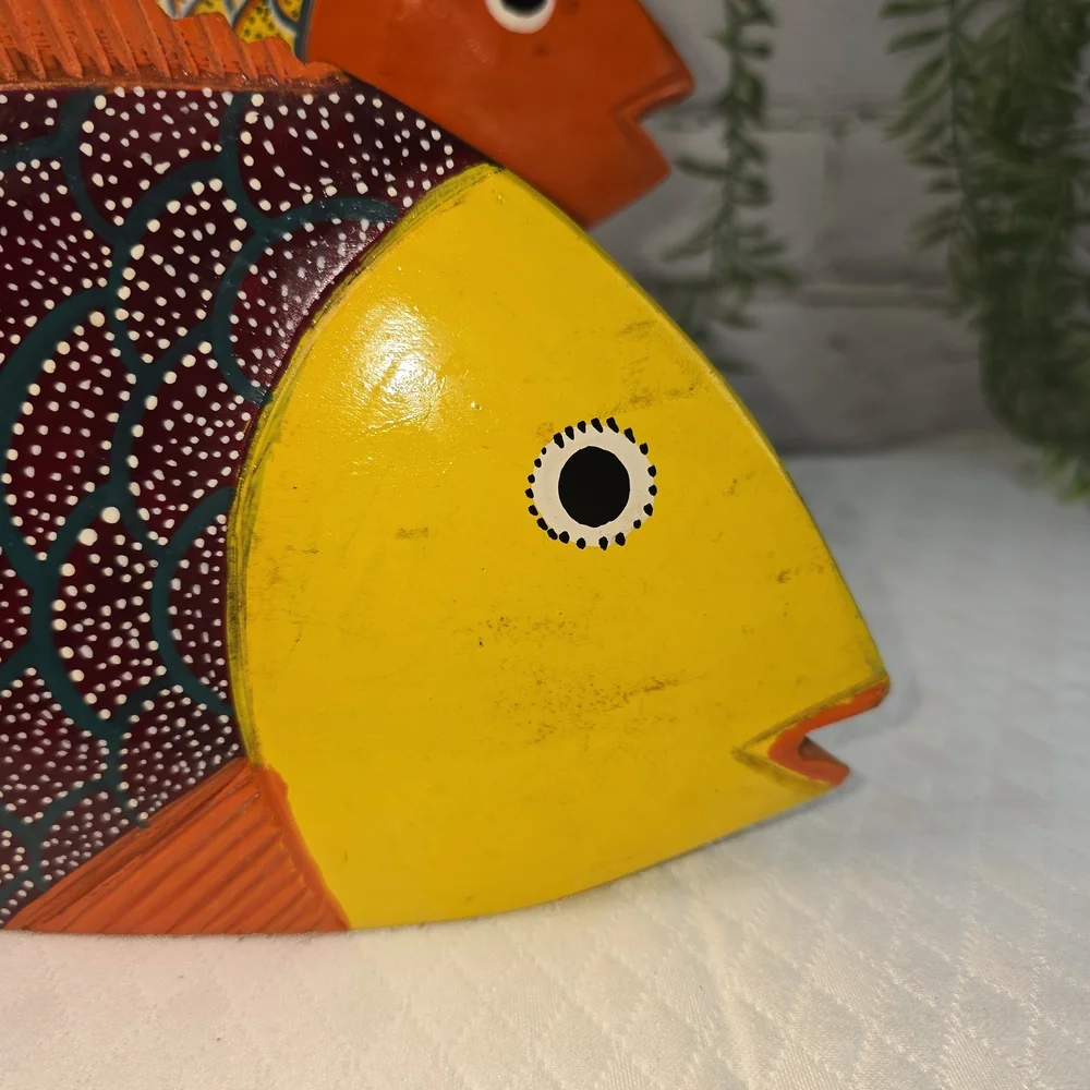 FOLK ART WOOD CARVED FISH SCULPTURE SET BRIGHT MEXICAN BEACH DECOR